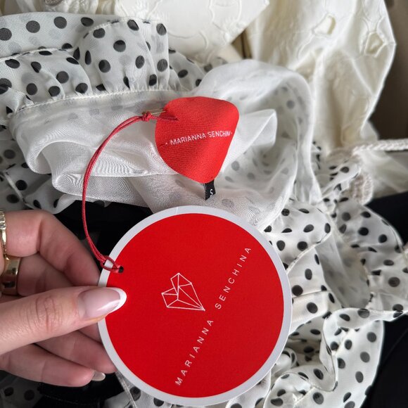 NWT Marianna Senchina Asymmetric Chiffon Midi Dress White/Black Polka Dot Sz S - Picture 2 of 10